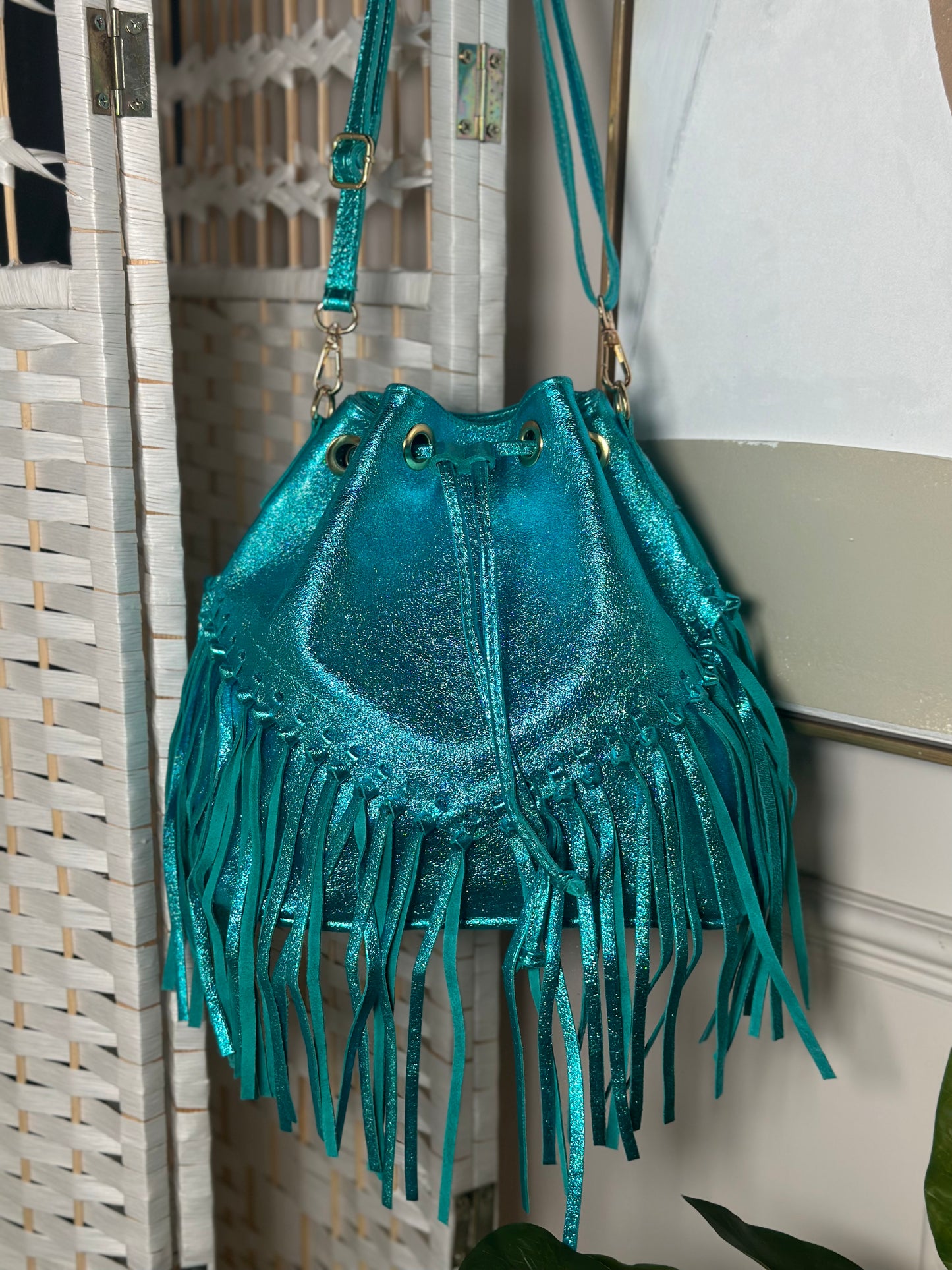 Tulum Metallic Leather Tassel Bag (Blue)