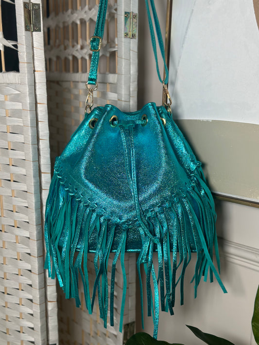 Tulum Metallic Leather Tassel Bag (Blue)