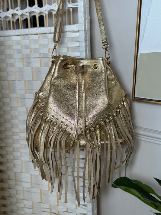 Tulum Metallic Leather Tassel Bag (Gold)